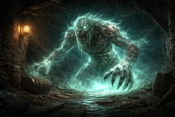 A detailed portrait of a troll specter with warped ghostly limbs and a partially transparent body glowing with necrotic energy.
