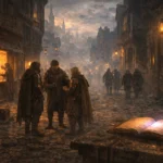 Adventurers standing quietly in a Waterdeep street at dusk as lanterns are lit and the city settles into evening.