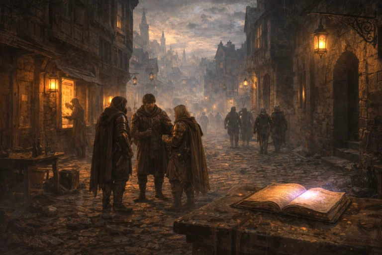 Adventurers standing quietly in a Waterdeep street at dusk as lanterns are lit and the city settles into evening.