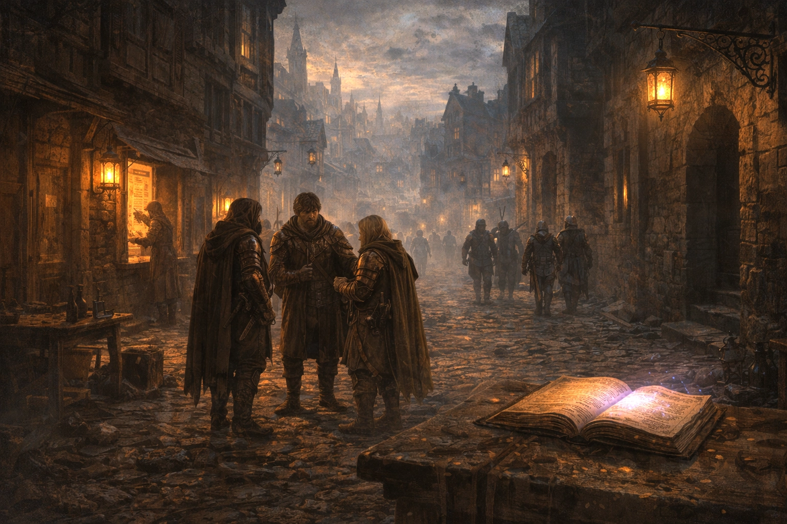 Adventurers standing quietly in a Waterdeep street at dusk as lanterns are lit and the city settles into evening.