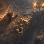 A druid in bear form falls through a broken bridge into a crevasse while Redbrand ruffians tumble beside her in an underground dungeon.