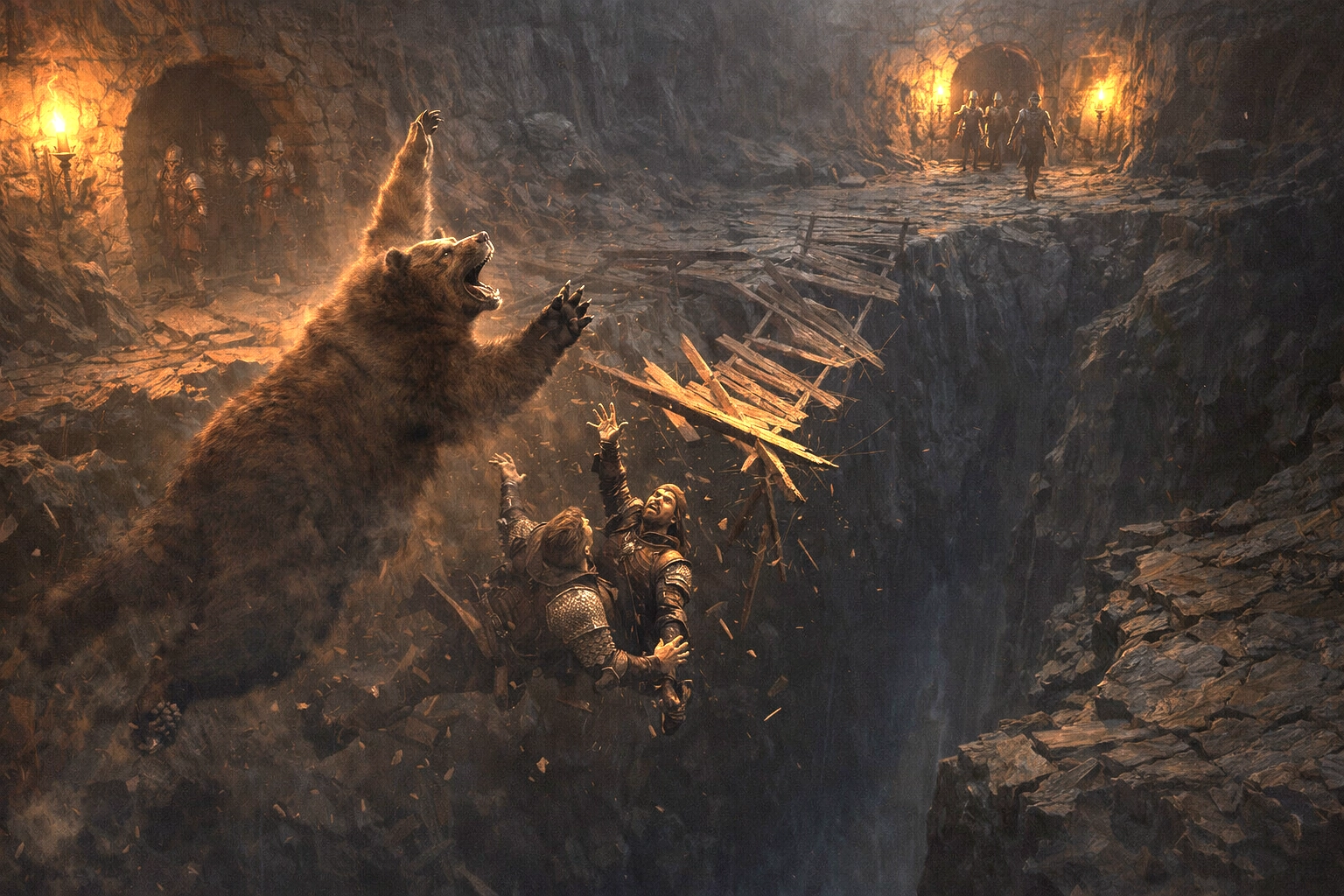 A druid in bear form falls through a broken bridge into a crevasse while Redbrand ruffians tumble beside her in an underground dungeon.