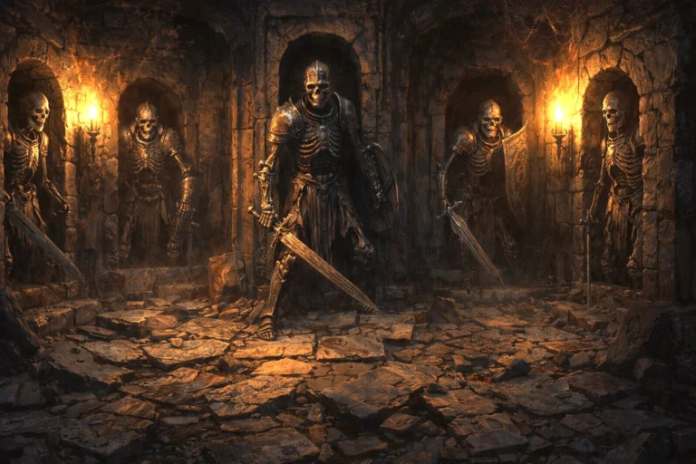 Armored skeleton guardians rising in the crypt beneath Tresendar Manor