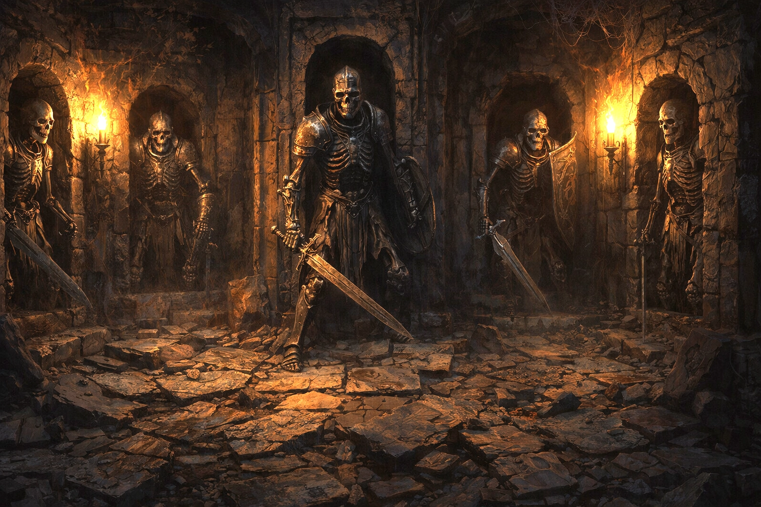 Armored skeleton guardians rising in the crypt beneath Tresendar Manor