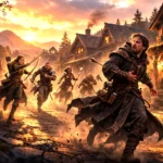 A wizard fleeing through a frontier town street at dusk while adventurers pursue after striking him with a long-range arrow.