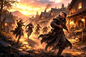 A wizard fleeing through a frontier town street at dusk while adventurers pursue after striking him with a long-range arrow.