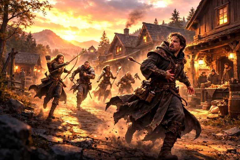 A wizard fleeing through a frontier town street at dusk while adventurers pursue after striking him with a long-range arrow.