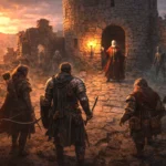 Adventurers facing a red-robed wizard at Old Owl Well while zombies stand nearby at dusk.