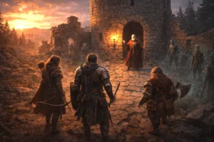 Adventurers facing a red-robed wizard at Old Owl Well while zombies stand nearby at dusk.