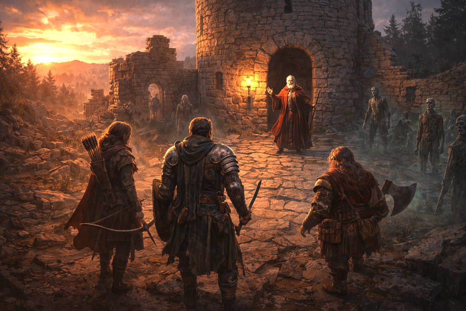 Adventurers facing a red-robed wizard at Old Owl Well while zombies stand nearby at dusk.