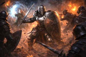 Armored fighter with sword and shield holding the front line while allies cast spells and maneuver in battle
