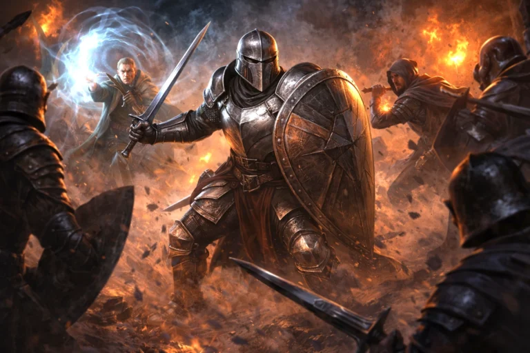 Armored fighter with sword and shield holding the front line while allies cast spells and maneuver in battle