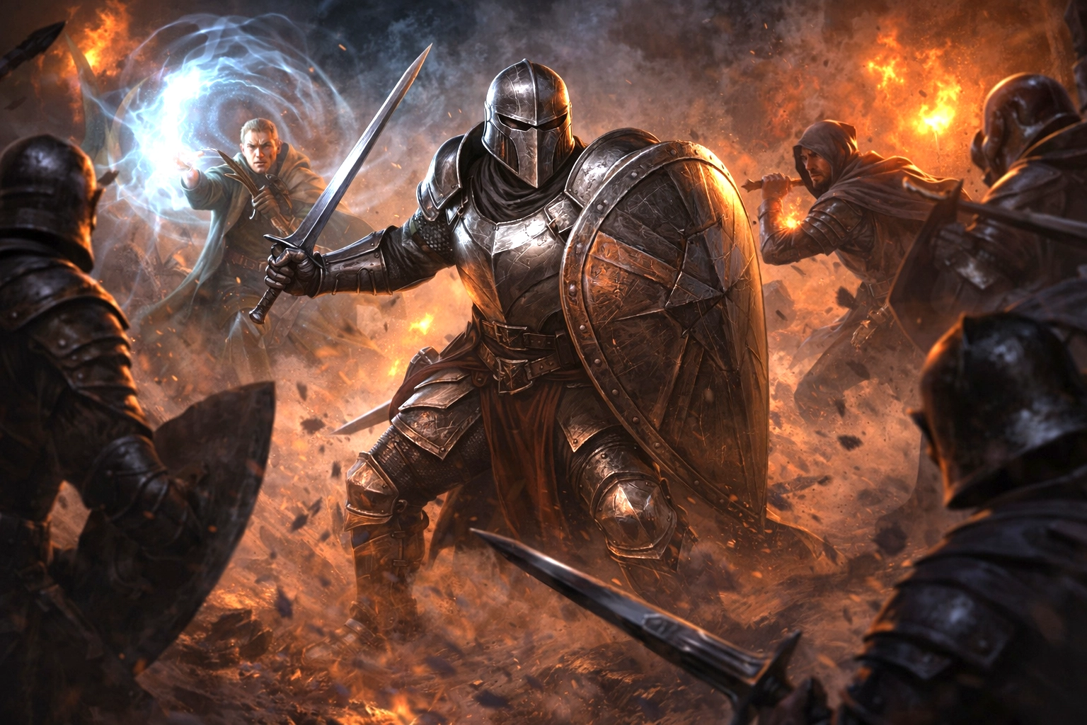 Armored fighter with sword and shield holding the front line while allies cast spells and maneuver in battle