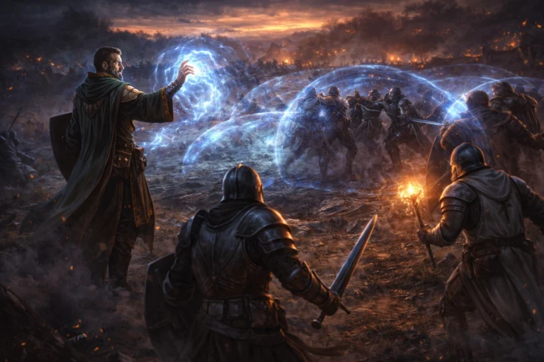 Wizard controlling the battlefield with arcane magic while allies advance in Dungeons & Dragons 2024