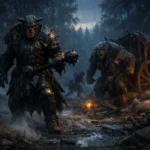 Bugbear warband ambushing adventurers on a forest road in a D&D 5e tactical encounter