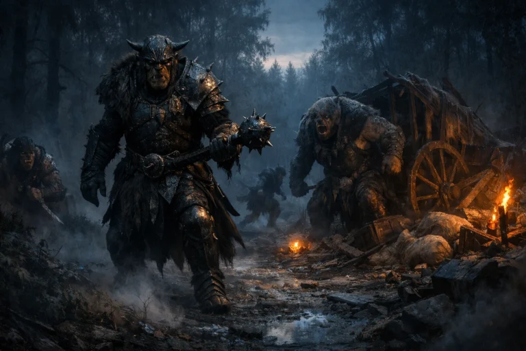 Bugbear warband ambushing adventurers on a forest road in a D&D 5e tactical encounter