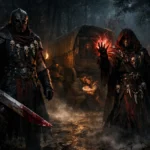 Bhaal cultists surrounding a wagon on a dark forest road during a night ambush in a Dungeons & Dragons campaign.