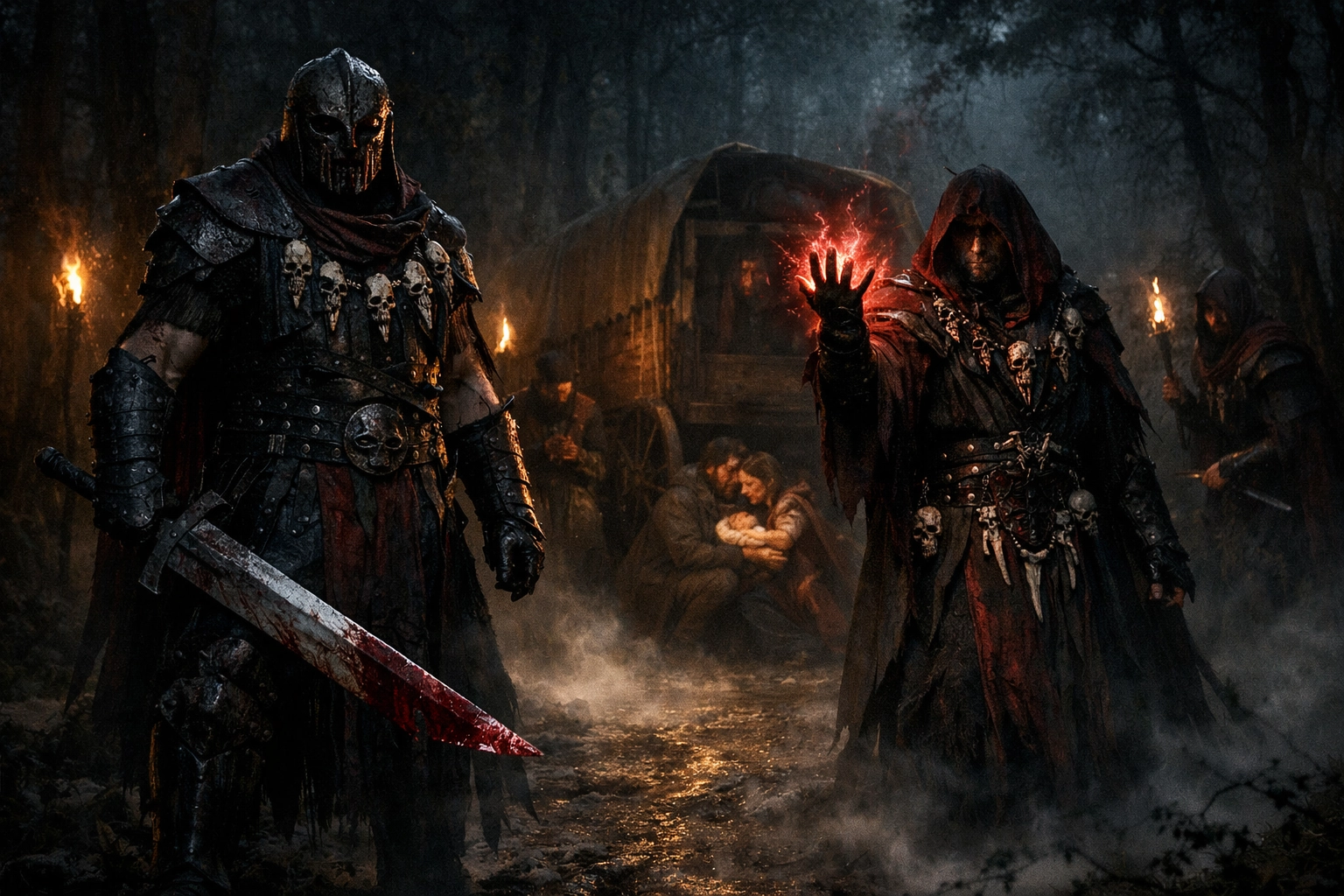 Bhaal cultists surrounding a wagon on a dark forest road during a night ambush in a Dungeons & Dragons campaign.