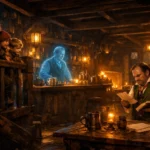 Interior of Trollskull Manor with the Urchins, Lif the ghost, and Broxley Fairkettle in a dynamic tavern scene