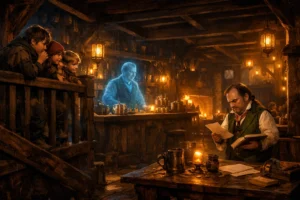 Interior of Trollskull Manor with the Urchins, Lif the ghost, and Broxley Fairkettle in a dynamic tavern scene