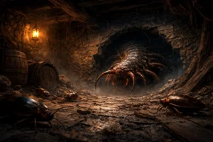 Giant centipede emerging from a cellar wall with giant cockroaches in a dark fantasy tavern basement encounter