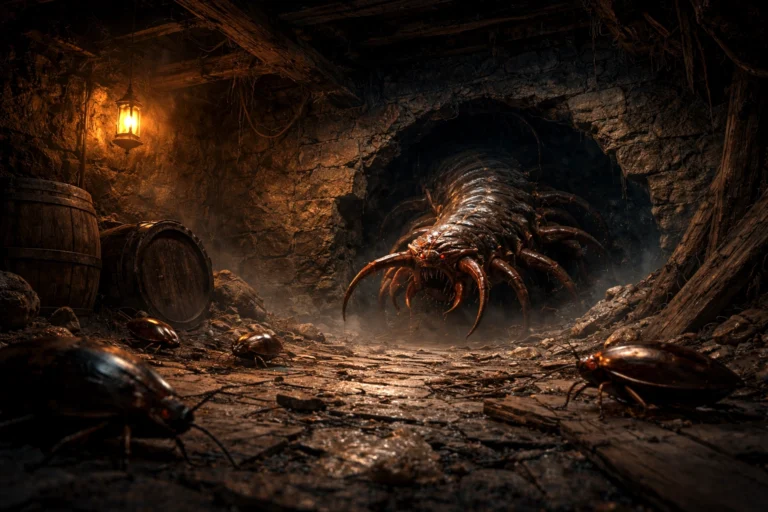 Giant centipede emerging from a cellar wall with giant cockroaches in a dark fantasy tavern basement encounter