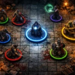 Dungeons and Dragons virtual tabletop battle map with colored rings around tokens showing conditions like concentration and restrained