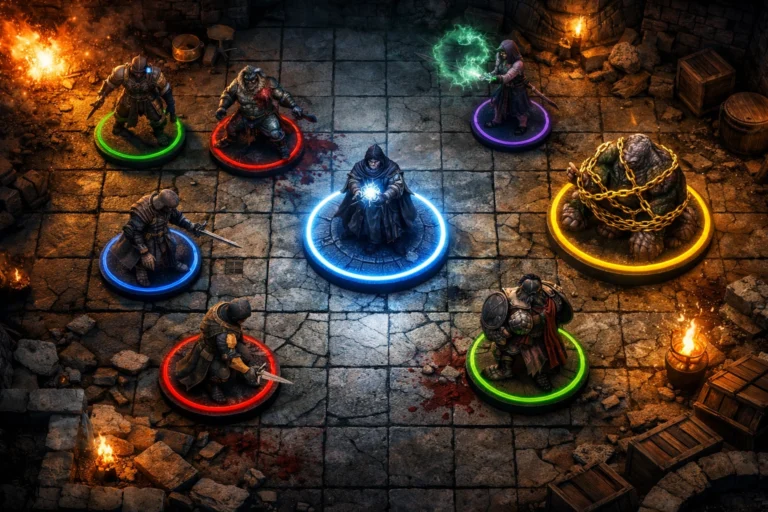 Dungeons and Dragons virtual tabletop battle map with colored rings around tokens showing conditions like concentration and restrained