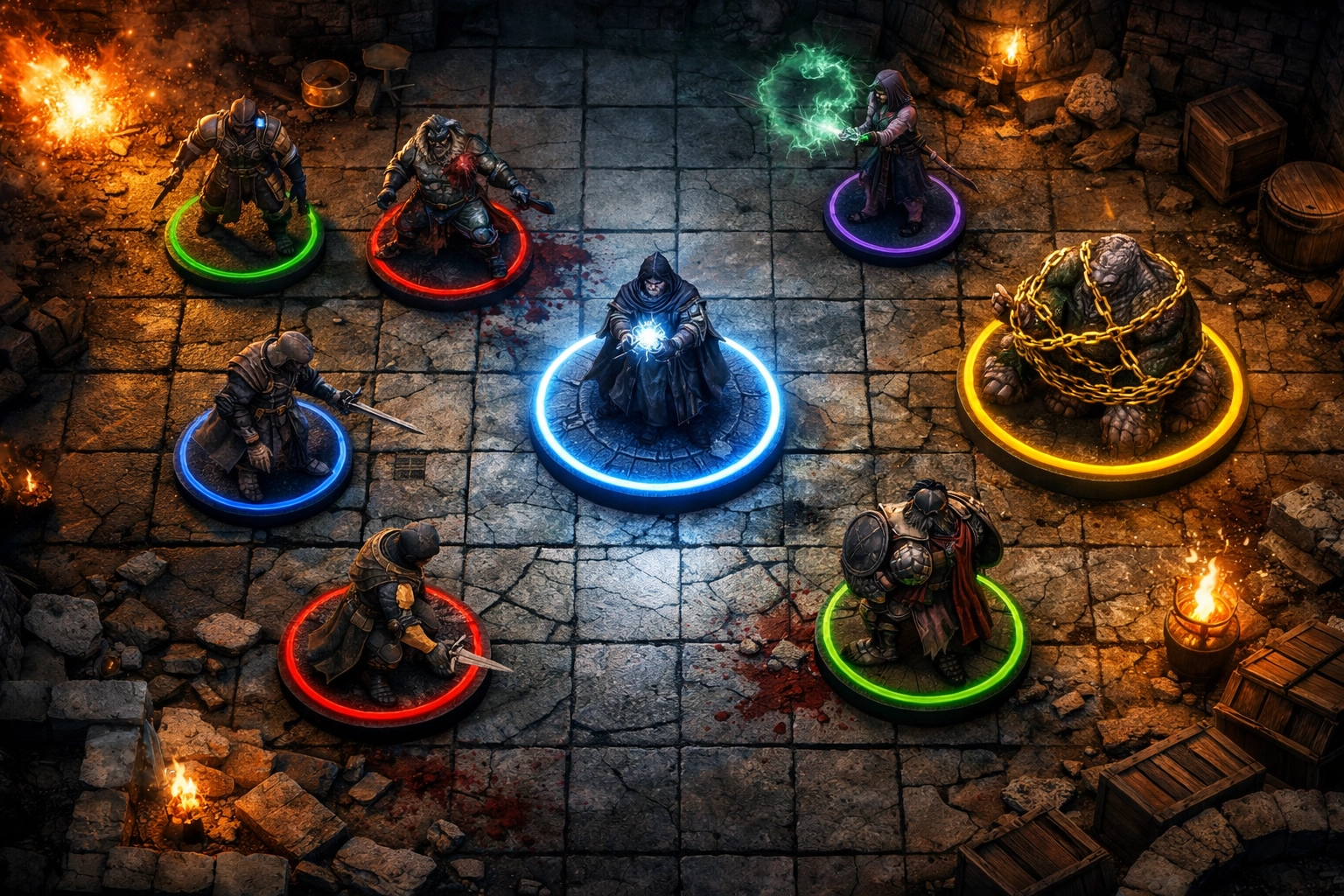 Dungeons and Dragons virtual tabletop battle map with colored rings around tokens showing conditions like concentration and restrained