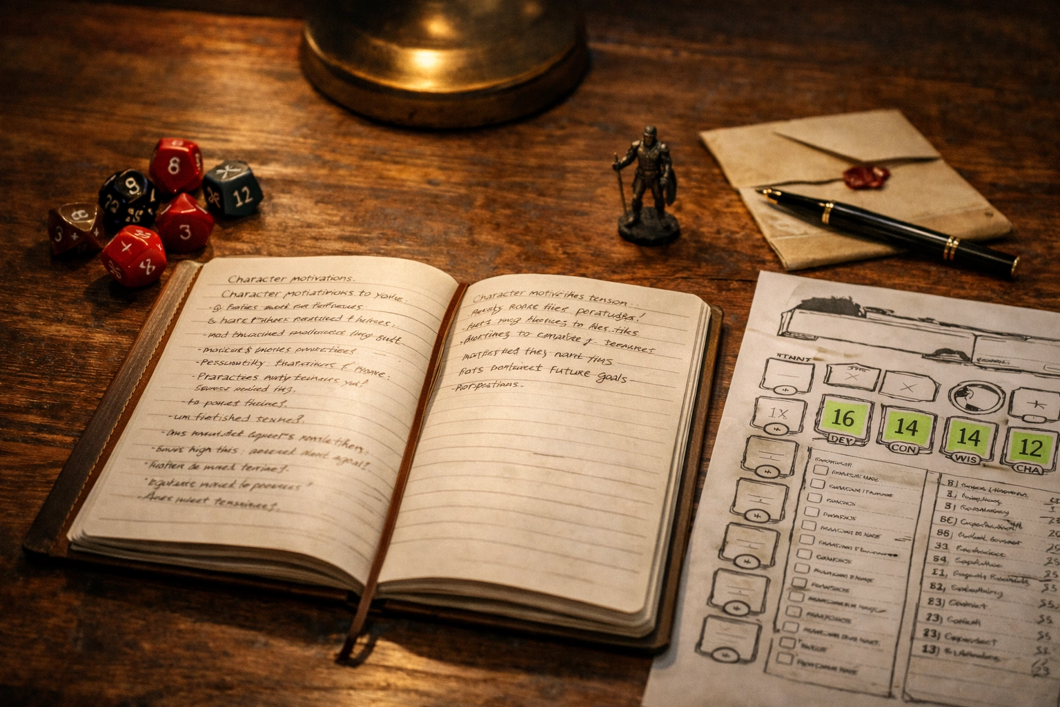 Open D&D 2024 character journal and sheet with handwritten motivations and dice under warm lamplight, representing meaningful character identity in long campaigns.