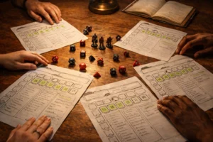 D&D 2024 character sheets and miniatures arranged together on a warmly lit tabletop, symbolizing party integration and long-term campaign success.