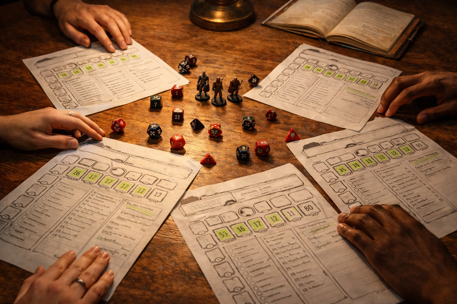 D&D 2024 character sheets and miniatures arranged together on a warmly lit tabletop, symbolizing party integration and long-term campaign success.