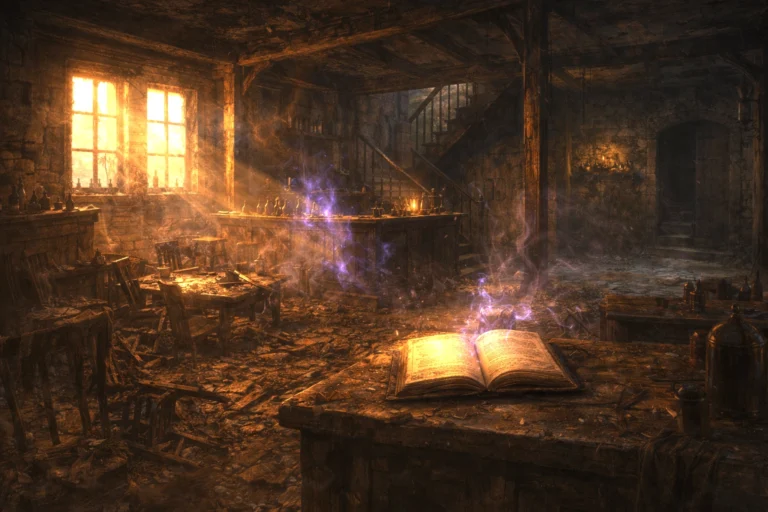 Trollskull Manor after a battle, ash-filled tavern at dawn with a glowing ledger and shadowed kitchen doorway