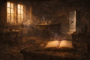 Lif’s enchanted ledger glowing with magical runes inside Trollskull Manor in Waterdeep