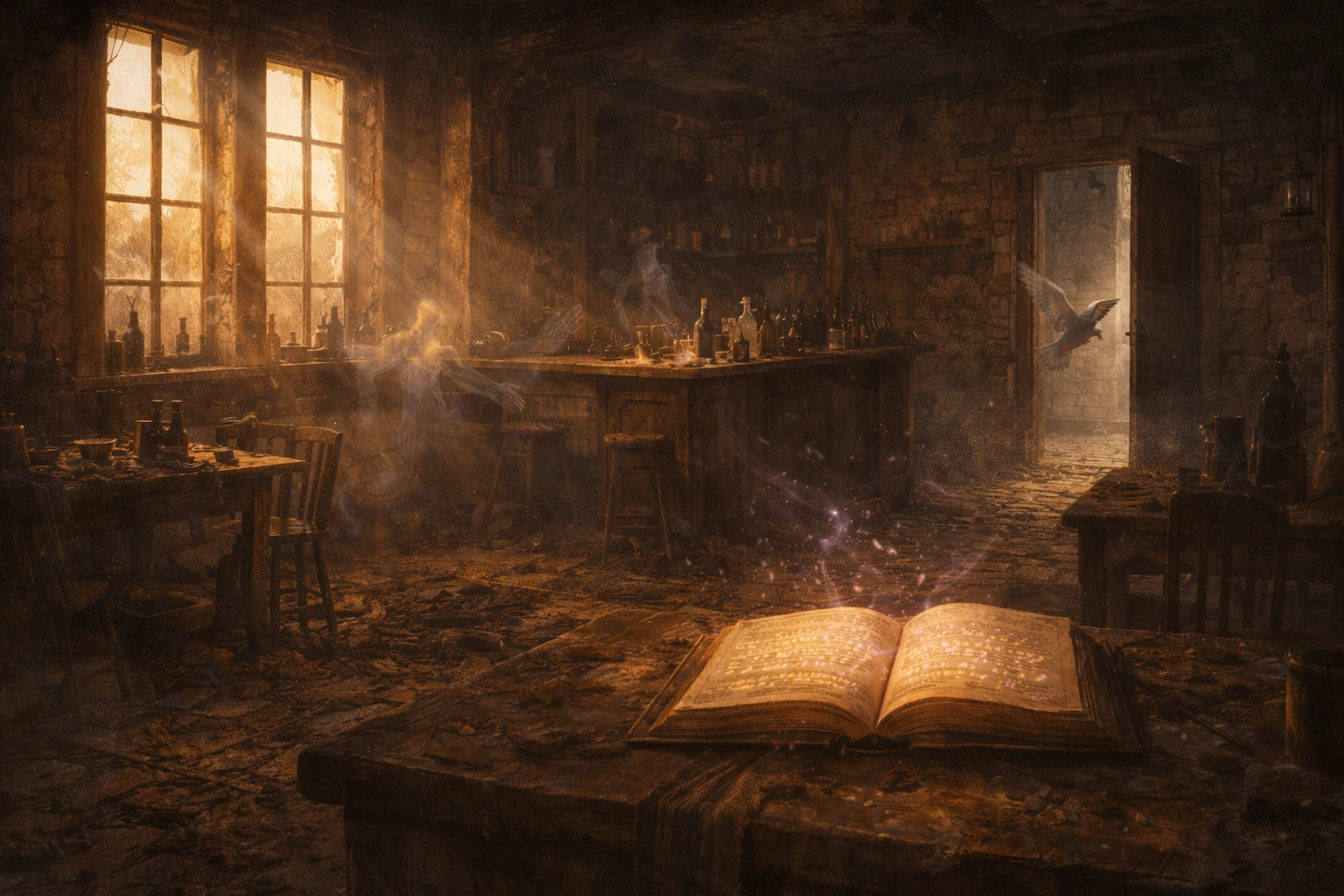 Lif’s enchanted ledger glowing with magical runes inside Trollskull Manor in Waterdeep