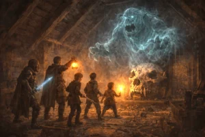 A ghostly troll specter rising from a cracked skull in the attic of Trollskull Manor during a Dragon Heist campaign.