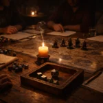 Candle burning on a Dungeons and Dragons tabletop during an immersive RPG session