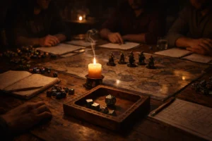Candle burning on a Dungeons and Dragons tabletop during an immersive RPG session