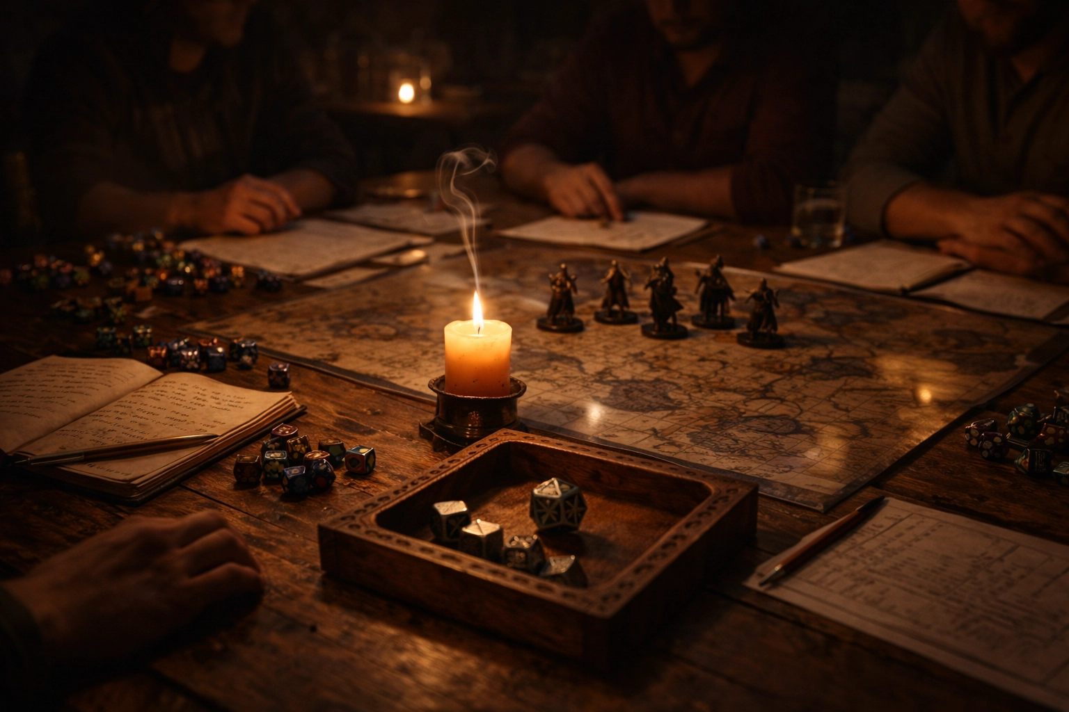 Metal die rolling in a wooden dice tray during a Dungeons & Dragons session with maps and miniatures on the table