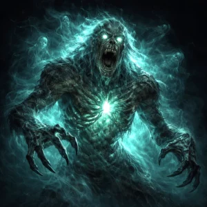 A spectral troll-like undead creature with glowing eyes and misty form, reaching forward from darkness