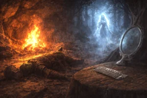 Campfire inside Wyvern Tor fading into Agatha the banshee’s lair in Neverwinter Wood