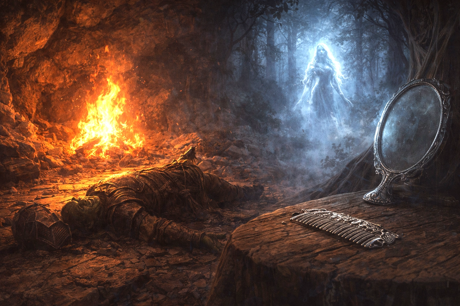 Campfire inside Wyvern Tor fading into Agatha the banshee’s lair in Neverwinter Wood