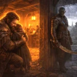 A towering furred warrior embraces a child in a warm tavern while a half-orc swordsman stands watch near the road to Thundertree.