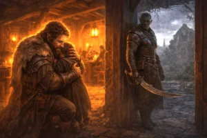 A towering furred warrior embraces a child in a warm tavern while a half-orc swordsman stands watch near the road to Thundertree.