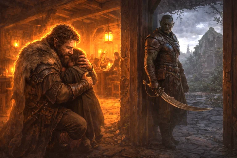 A towering furred warrior embraces a child in a warm tavern while a half-orc swordsman stands watch near the road to Thundertree.