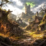 Ruined Thundertree village with distant tower and faint green dragon silhouette at dusk