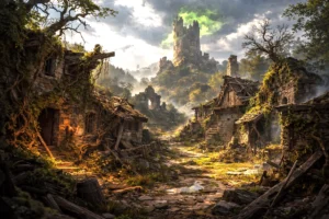 Ruined Thundertree village with distant tower and faint green dragon silhouette at dusk