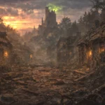 Ruined Thundertree village at dusk with a distant tower where a dragon waits unseen