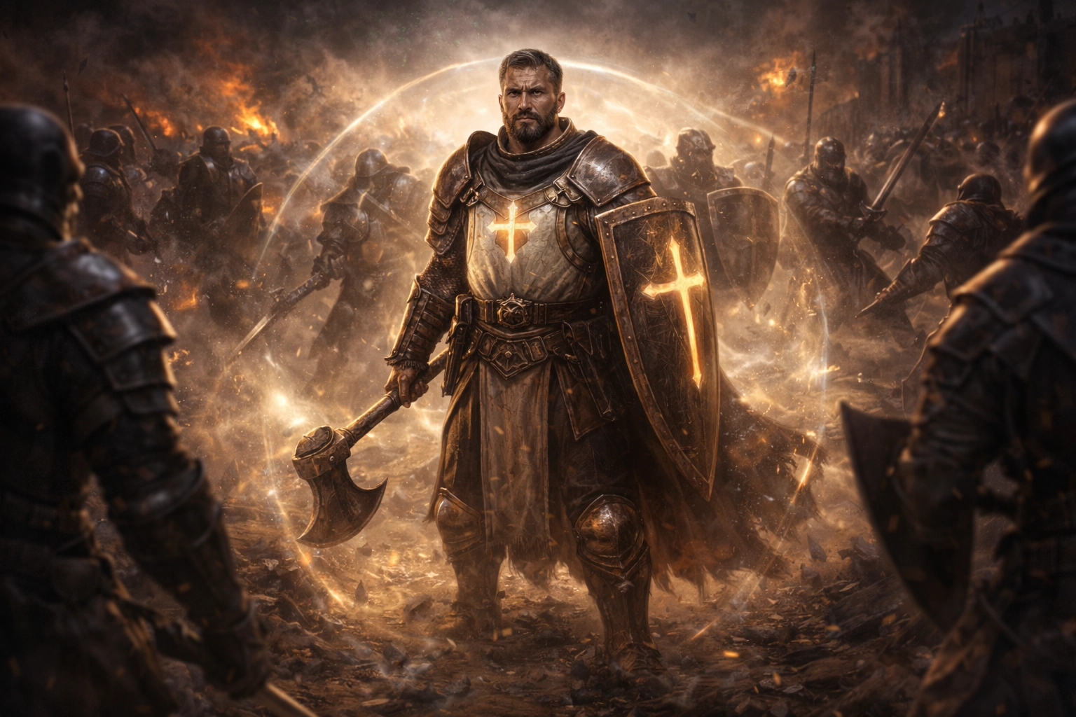 War Domain Cleric in medium armor anchoring a fantasy battlefield with radiant divine magic