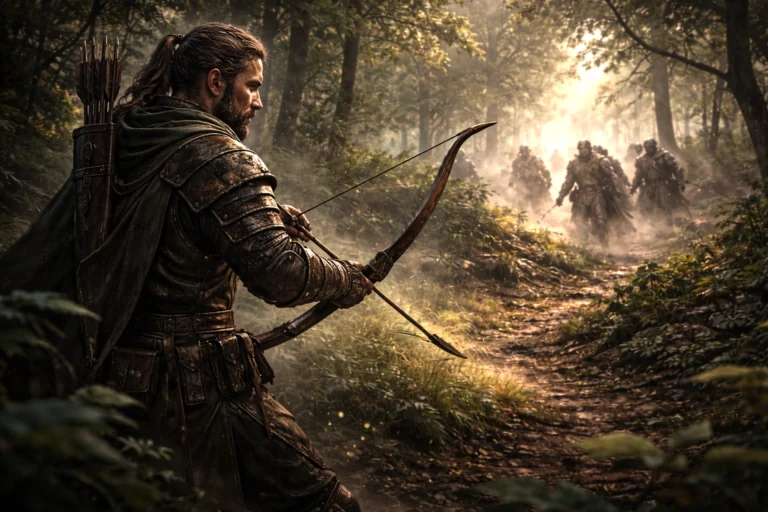 A focused ranger aiming a bow in a forest battlefield, representing a balanced and tactical D&D 2024 ranger build.